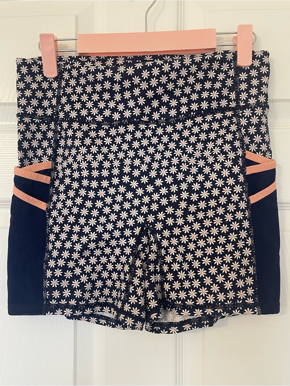 Fabletics Navy Daisy Print Athletic Shorts with Pink Accents